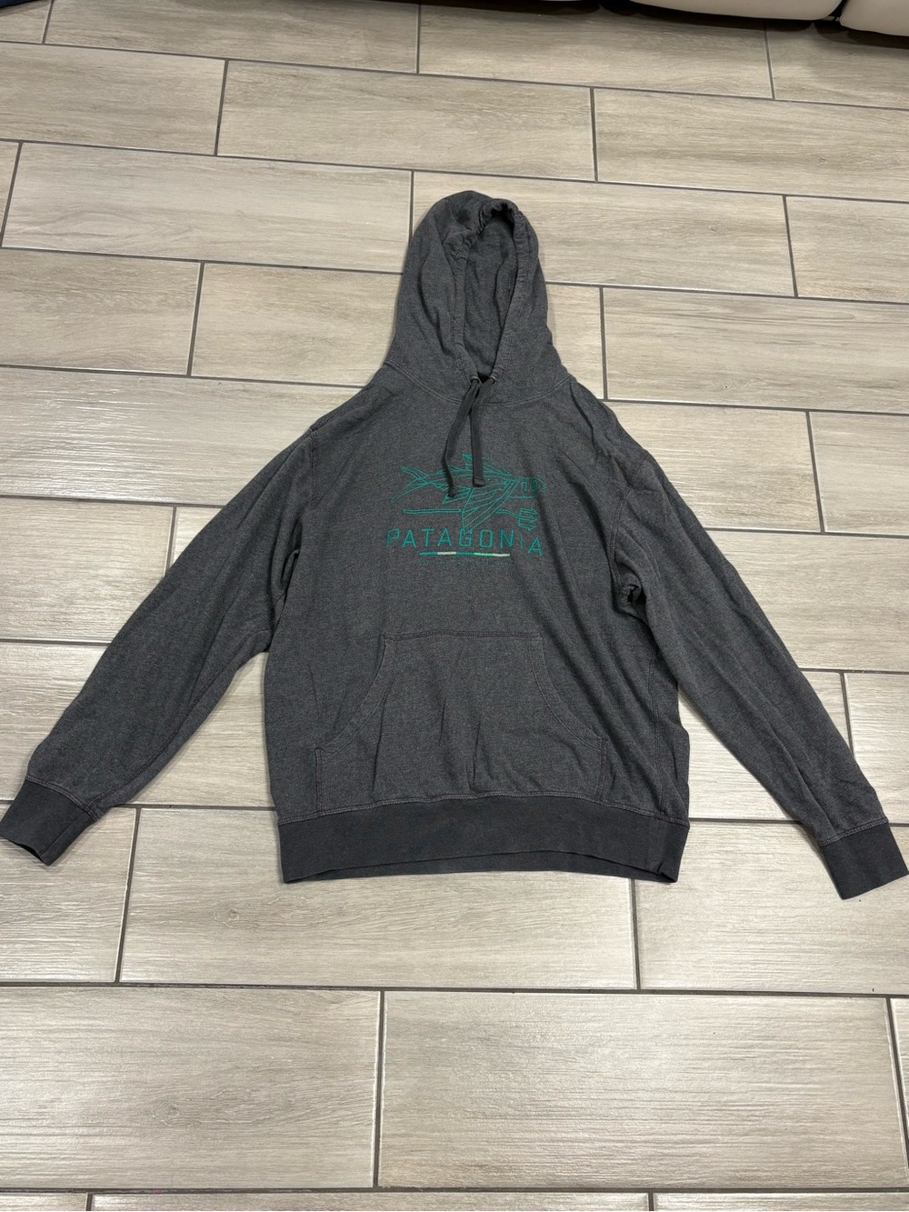 Box #8 Patagonia Dark Gray Hoodie with Teal Logo size Large